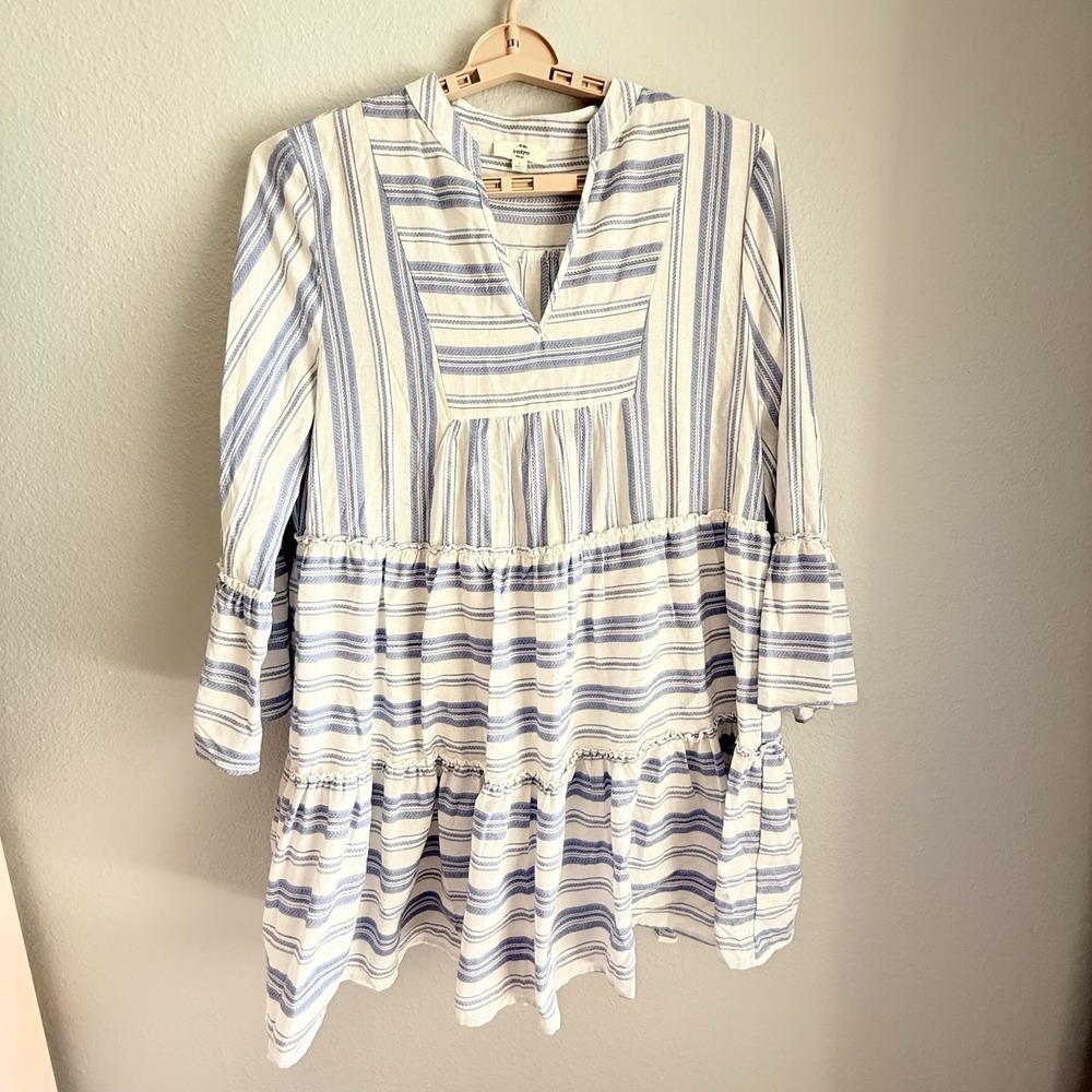 Entro Dress  White Blue Striped Babydoll Ruffles Flowy Cottagecore V-Neck Large